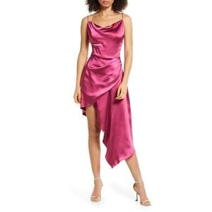 ELLIATT Revolve Jacinda Berry Pink Satin Drape Faux-Wrap Asymmetrical Midi Dress